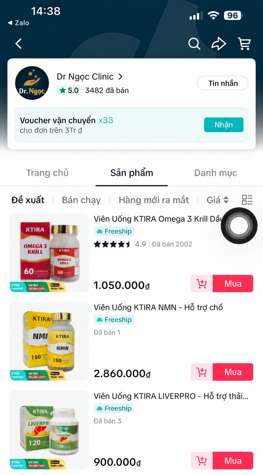 Ảnh chụp màn hình gian hàng TikTok Shop “Dr Ngọc Clinic”, 15/09/2026