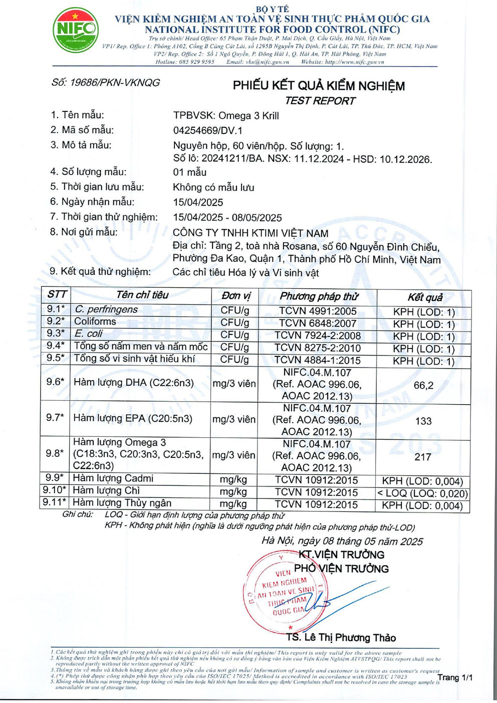 Phiếu kết quả kiểm nghiệm Omega 3 Krill số 19686/PKN-VKNQG, NIFC