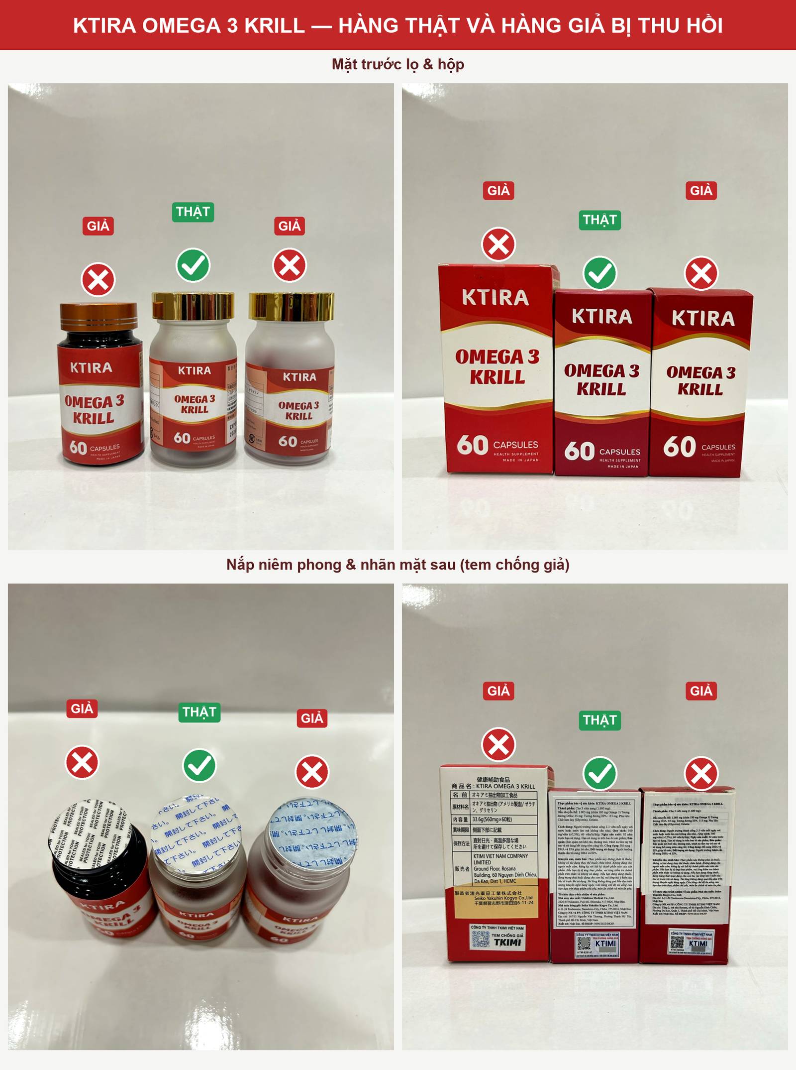 So sánh lọ và hộp KTIRA Omega 3 Krill thật (✔) và hàng giả bị thu hồi (✘)