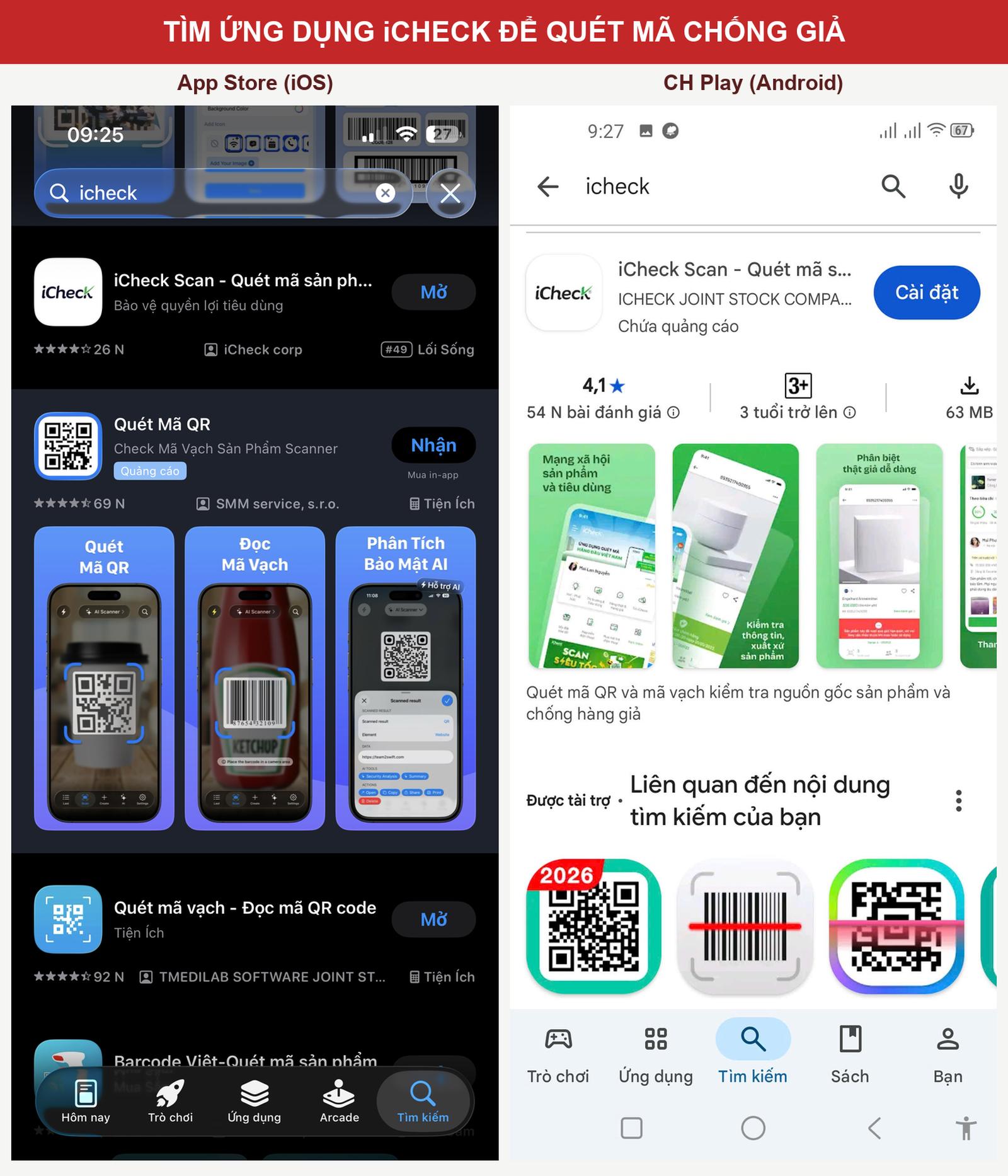 Kết quả tìm kiếm iCheck trên App Store / CH Play