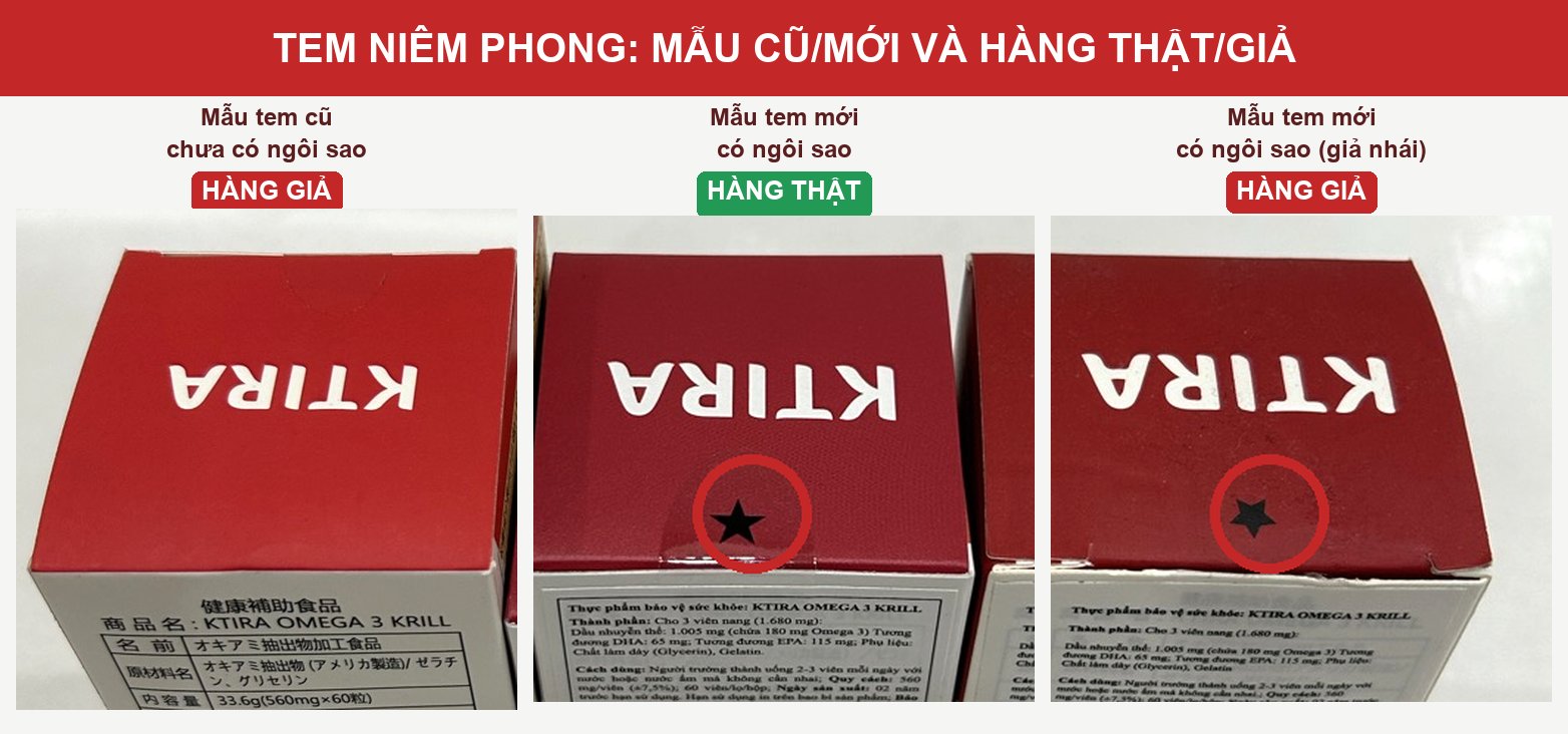 So sánh mẫu tem cũ và mẫu tem mới có hình ngôi sao trên hộp KTIRA Omega 3 Krill