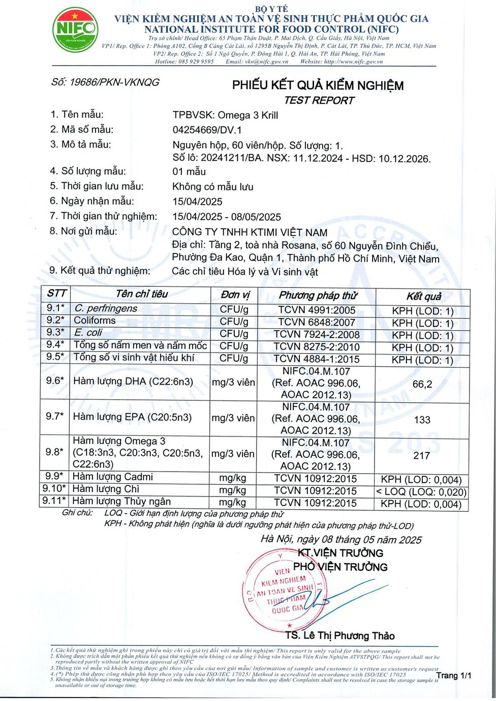 Phiếu kết quả thử nghiệm KTIRA Omega 3 Krill số lô 20241211/BA số phiếu 19686