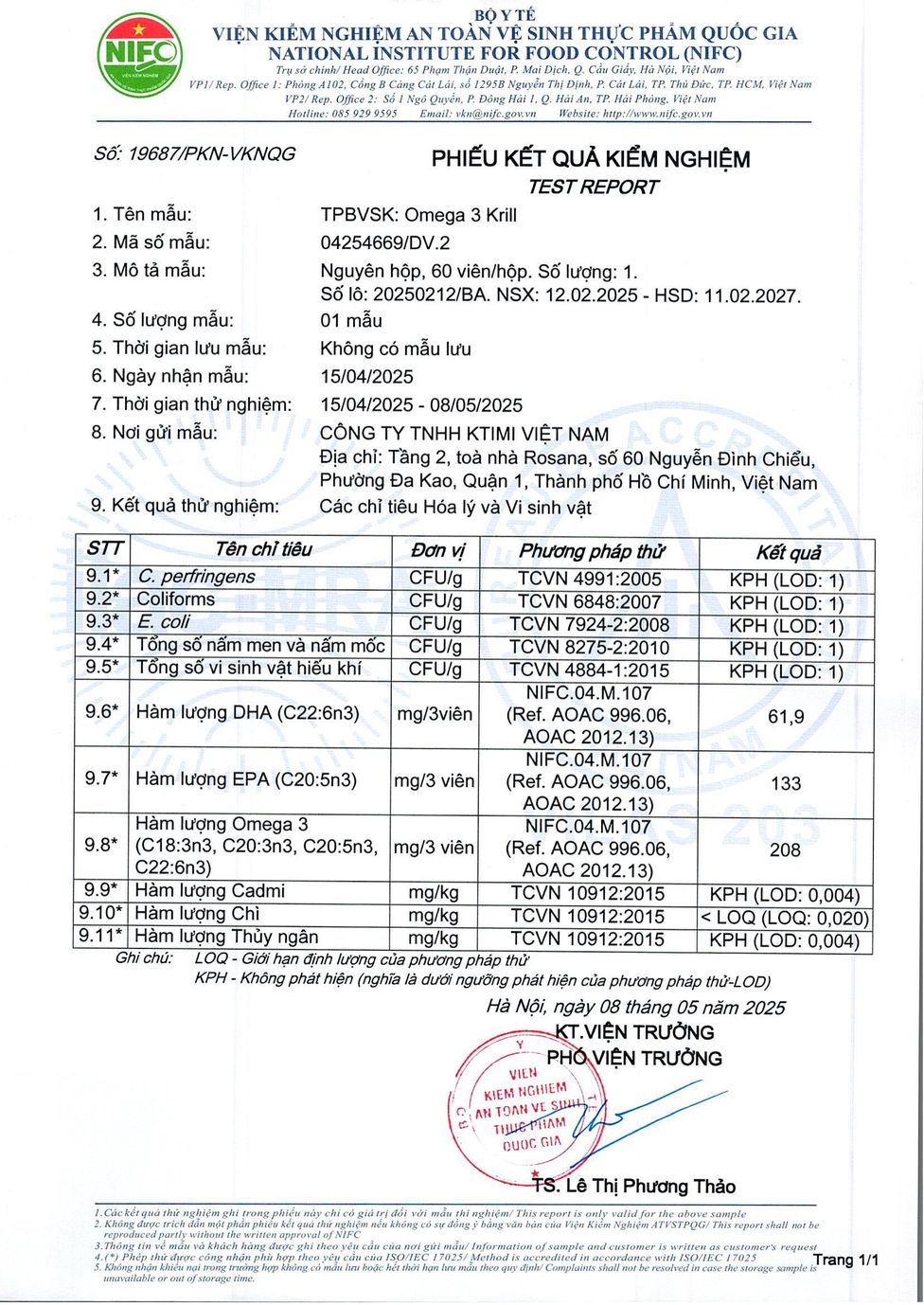 Phiếu kết quả thử nghiệm KTIRA Omega 3 Krill số lô 20250212/BA số phiếu 19687