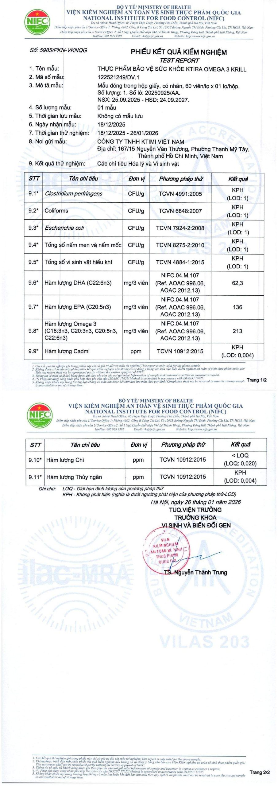 Phiếu kết quả thử nghiệm KTIRA Omega 3 Krill số lô 20250925/AA số phiếu 5985