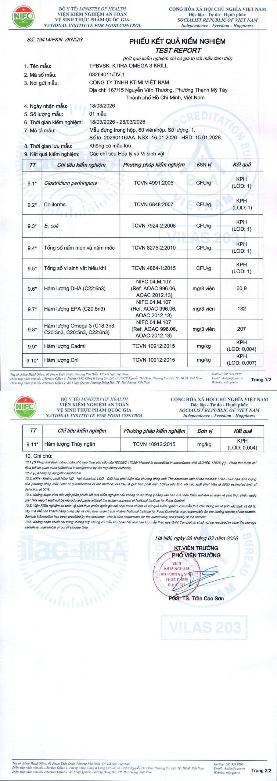 Phiếu kết quả thử nghiệm KTIRA Omega 3 Krill số lô 20260116/AA số phiếu 19414
